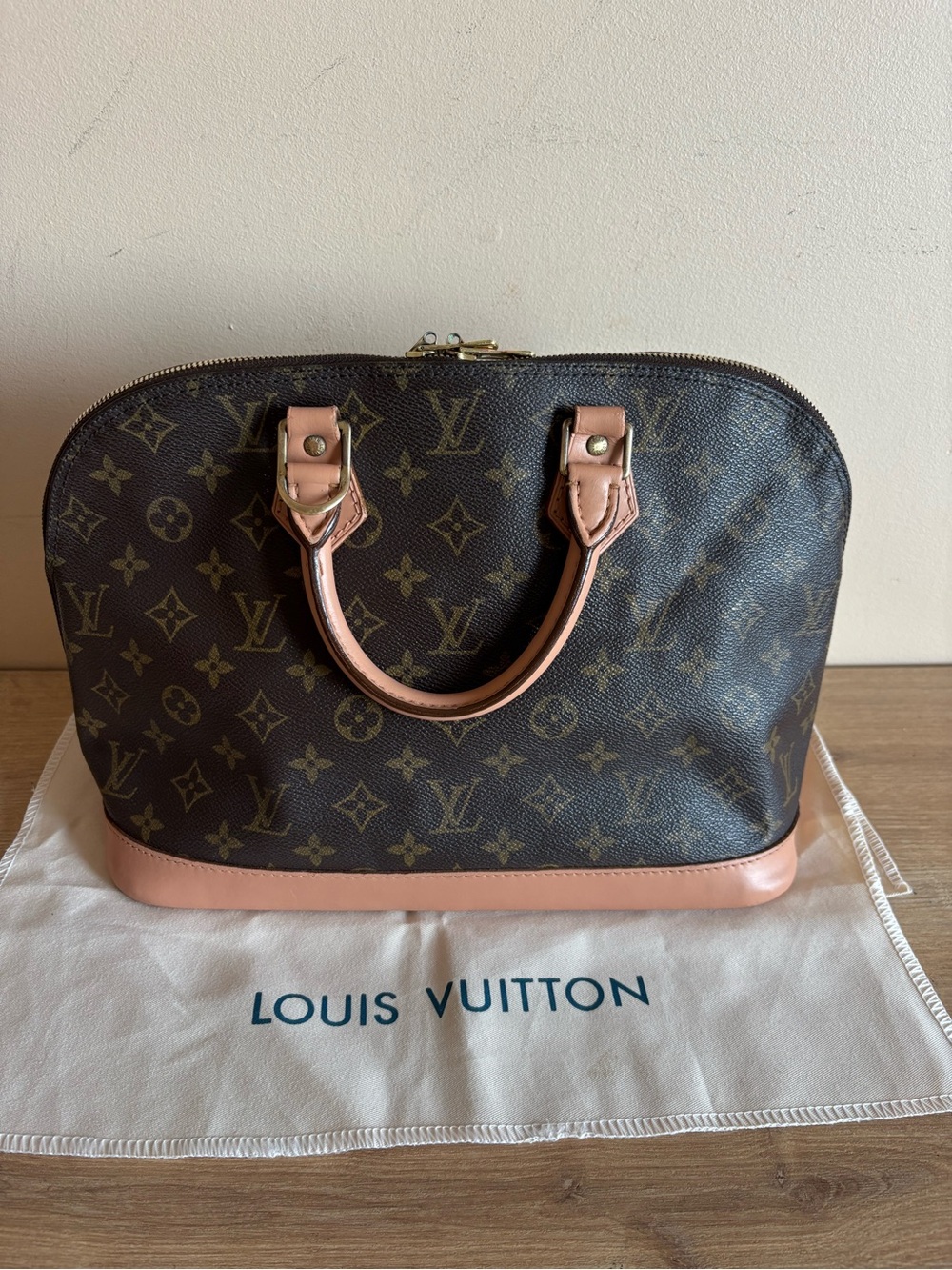 Louis Vuitton Monogram Alma Satchel in Brown with Natural Pink-Tan Trim